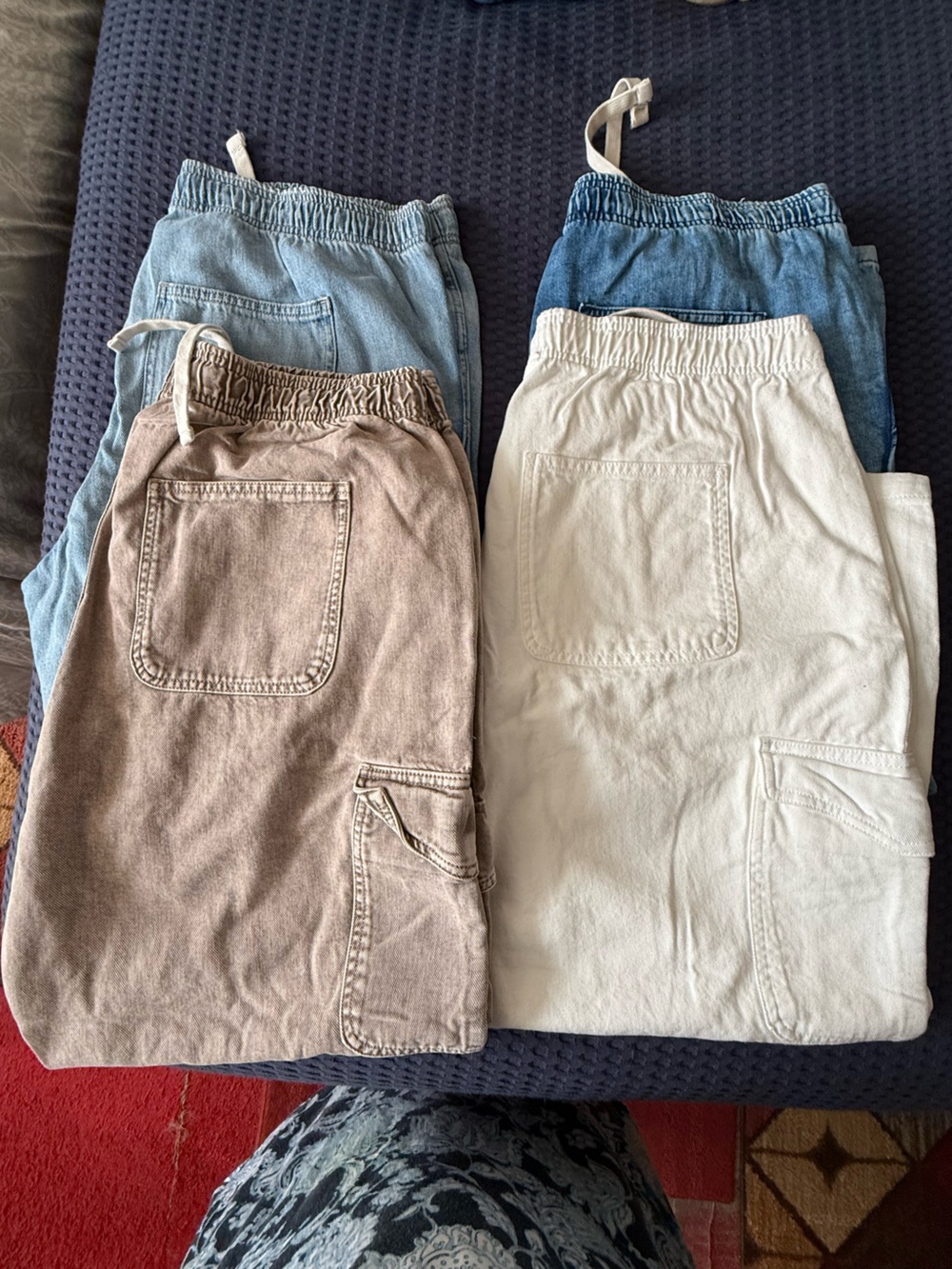 Elastic Waist Cargo Pants - Beige, Light Blue,
